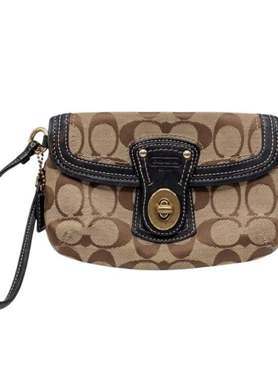 Coach Signature Wristlet Bag Tan Brown Logo Jacquard Black Leather Trim Clutch - Picture 1 of 12